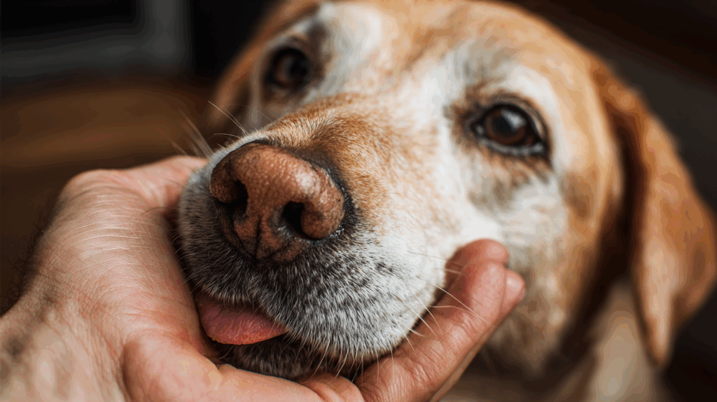 A dog got pet by his owner