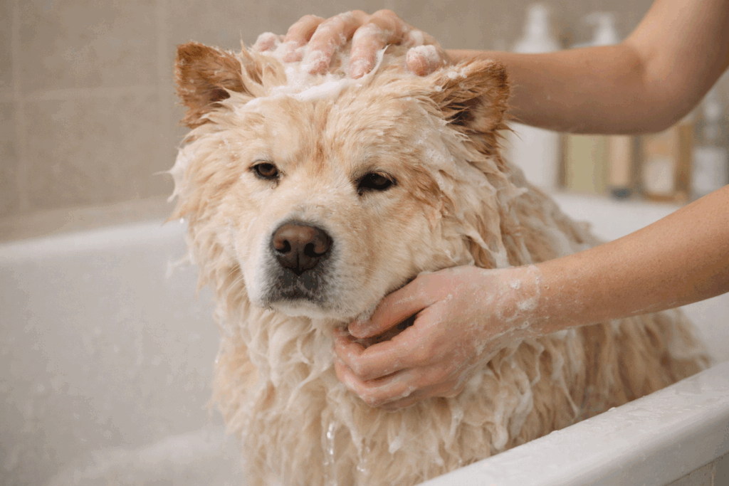 Dog is now getting a bath through treatments 