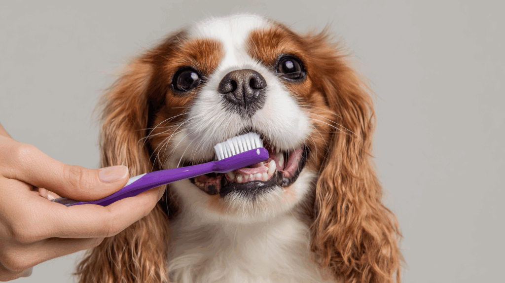 Pet owner brushing dog teeth to prevent periodontal disease with pet-safe toothpaste.
