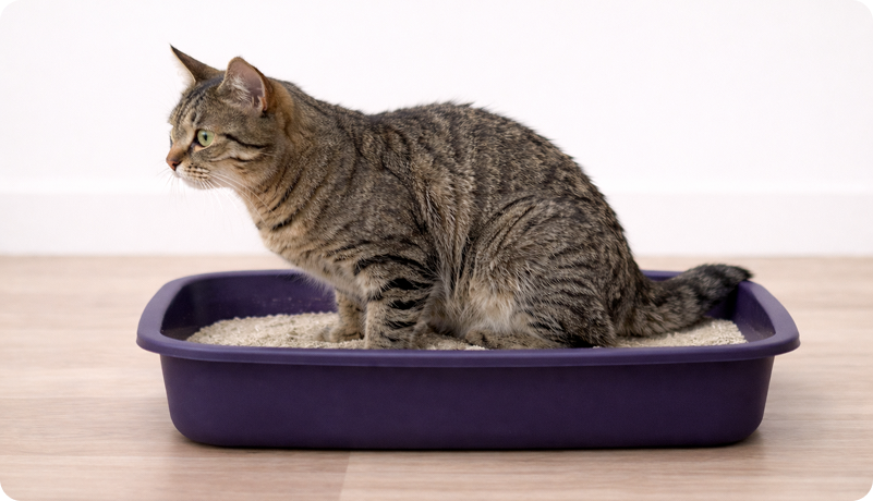 Tabby cat standing in a purple litter tray, illustrating the importance of monitoring litter box habits for signs of blood in urine.