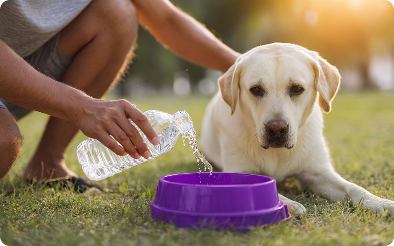 Person pouring water from a bottle into a purple bowl for a Labrador resting on grass, promoting proper hydration for urinary health.