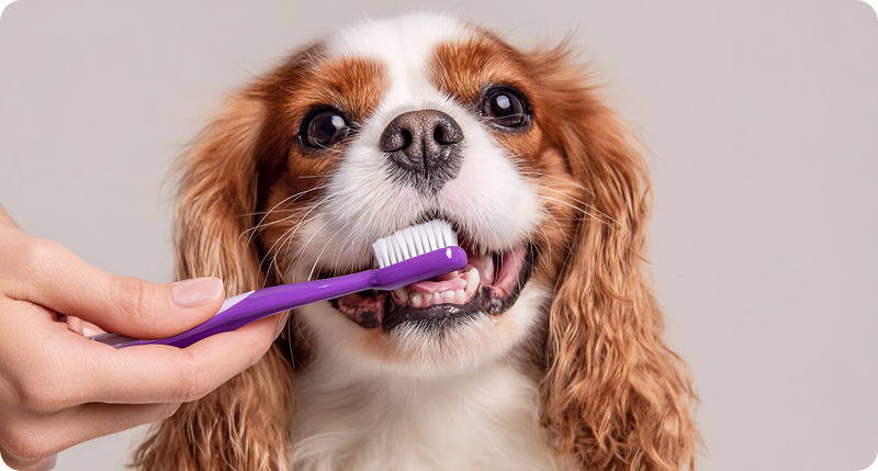 Hand brushing the teeth of a Cavalier King Charles Spaniel with a purple toothbrush, demonstrating proper at-home dental care technique.