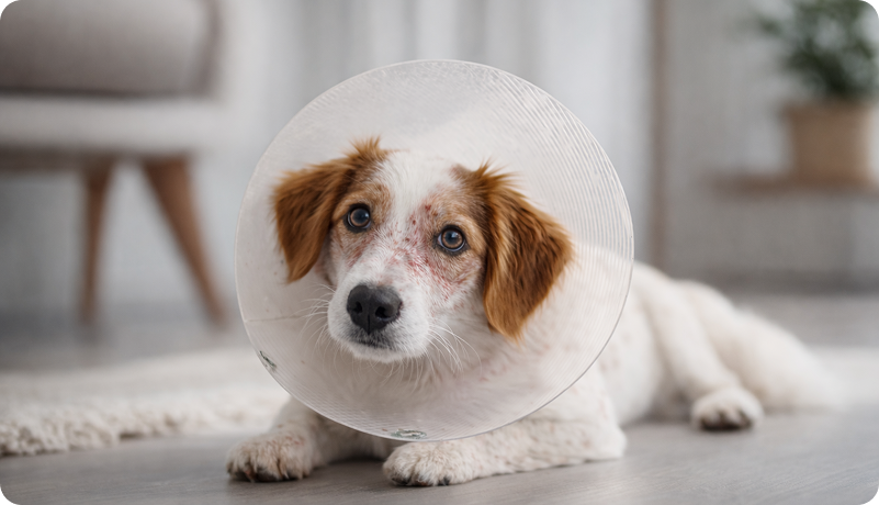 Dog wearing a protective cone collar with mange sores visible on its face, recovering from sarcoptic mange treatment.