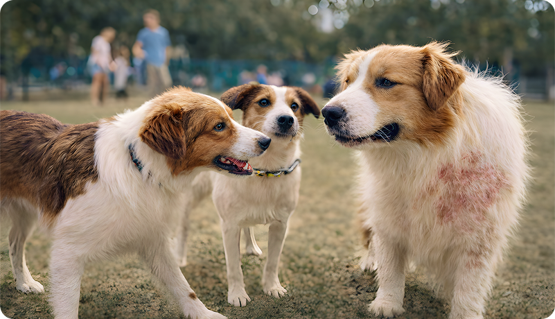 Three dogs interacting closely at a park, with one dog showing a mange patch on its side, illustrating how mange spreads between dogs.
