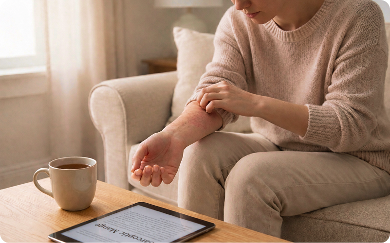 Person scratching their forearm at home, with a tablet on the table displaying an article about sarcoptic mange, illustrating that mange can also affect humans.