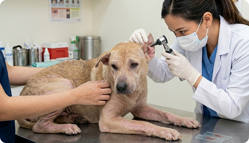 Veterinarian examining a dog's ear with an otoscope on an exam table, checking for signs of sarcoptic mange, with a dog showing hair loss and skin irritation.