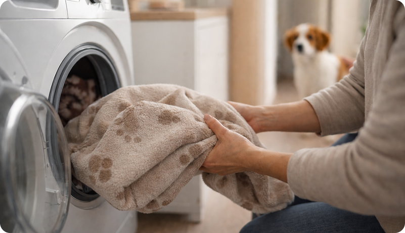 Person loading a paw-print blanket into a washing machine while a dog watches from the background, illustrating hygiene practices to prevent mange spread.