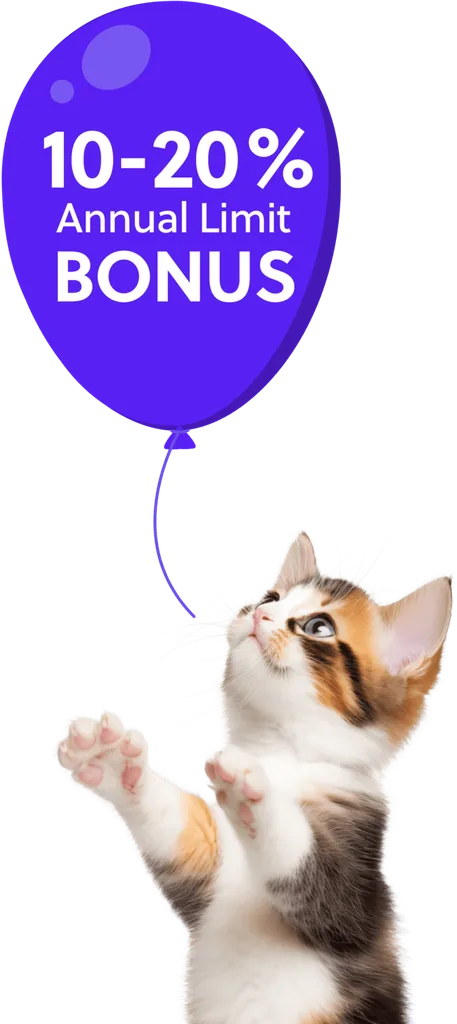 Kitten reaching for a 10-20% Annual Limit Bonus balloon