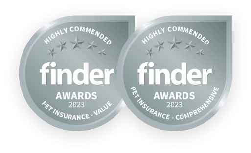 Finder Awards 2023 Highly Commended badges for pet insurance value and comprehensive cover