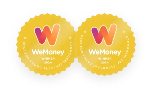 WeMoney 2024 winner badges for pet insurance: Best for Young Pets and Best for Value (Overall)