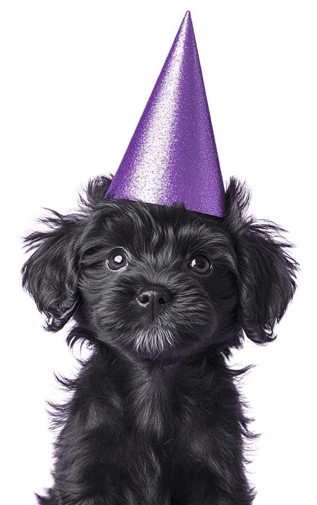 Black fluffy puppy in a purple party hat